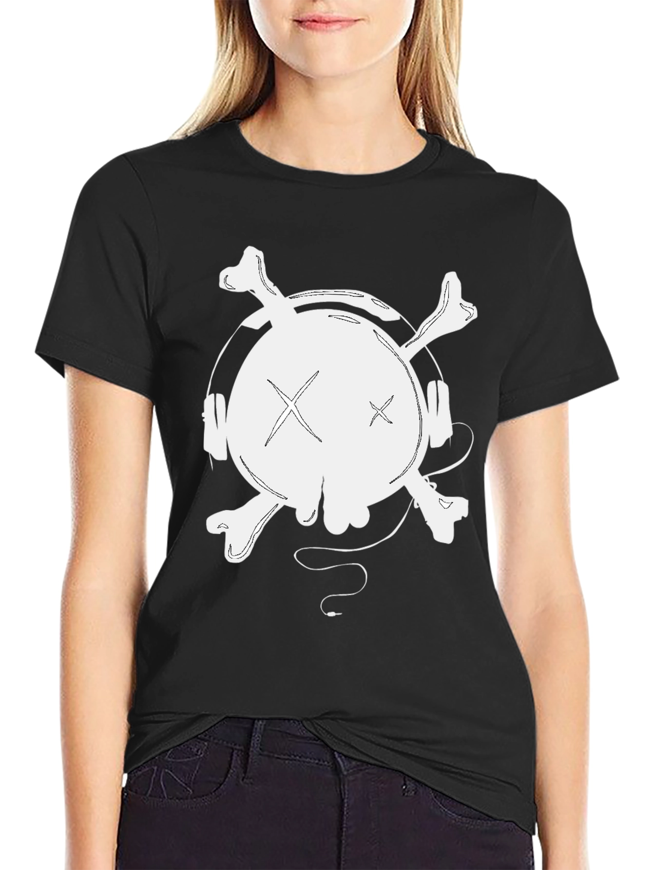 Skull & Crossbones Headphones Graphic Tee - Black