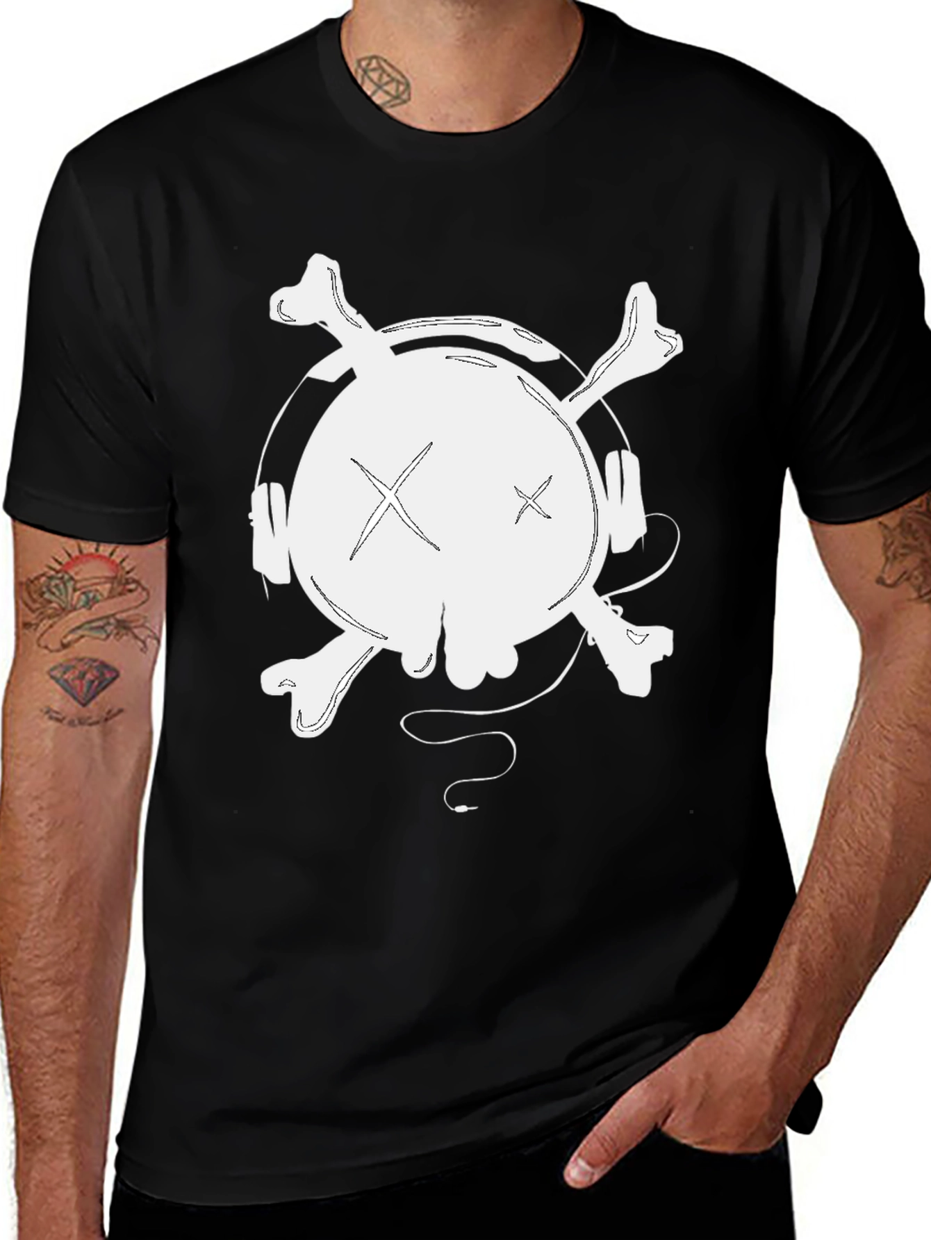 Skull & Crossbones Headphones Graphic Tee - Black