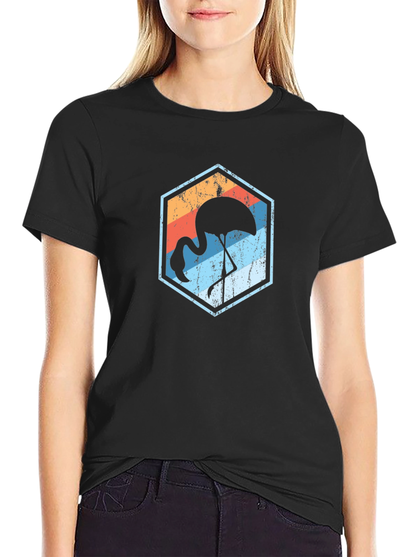 Retro Flamingo Graphic Tee - Black Cotton Blend T-Shirt
