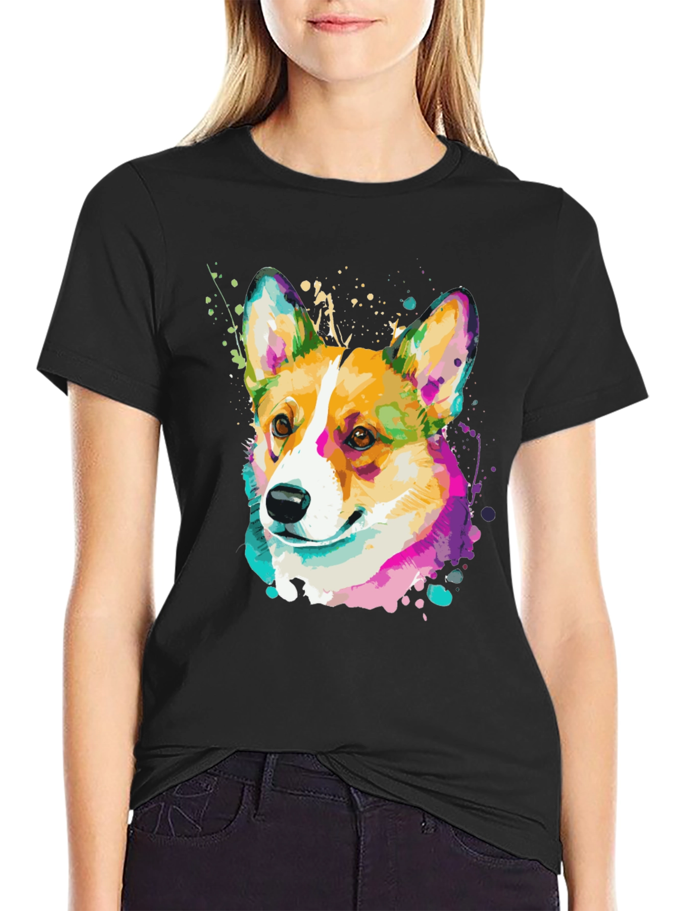 Corgi Splash Art Black T-Shirt