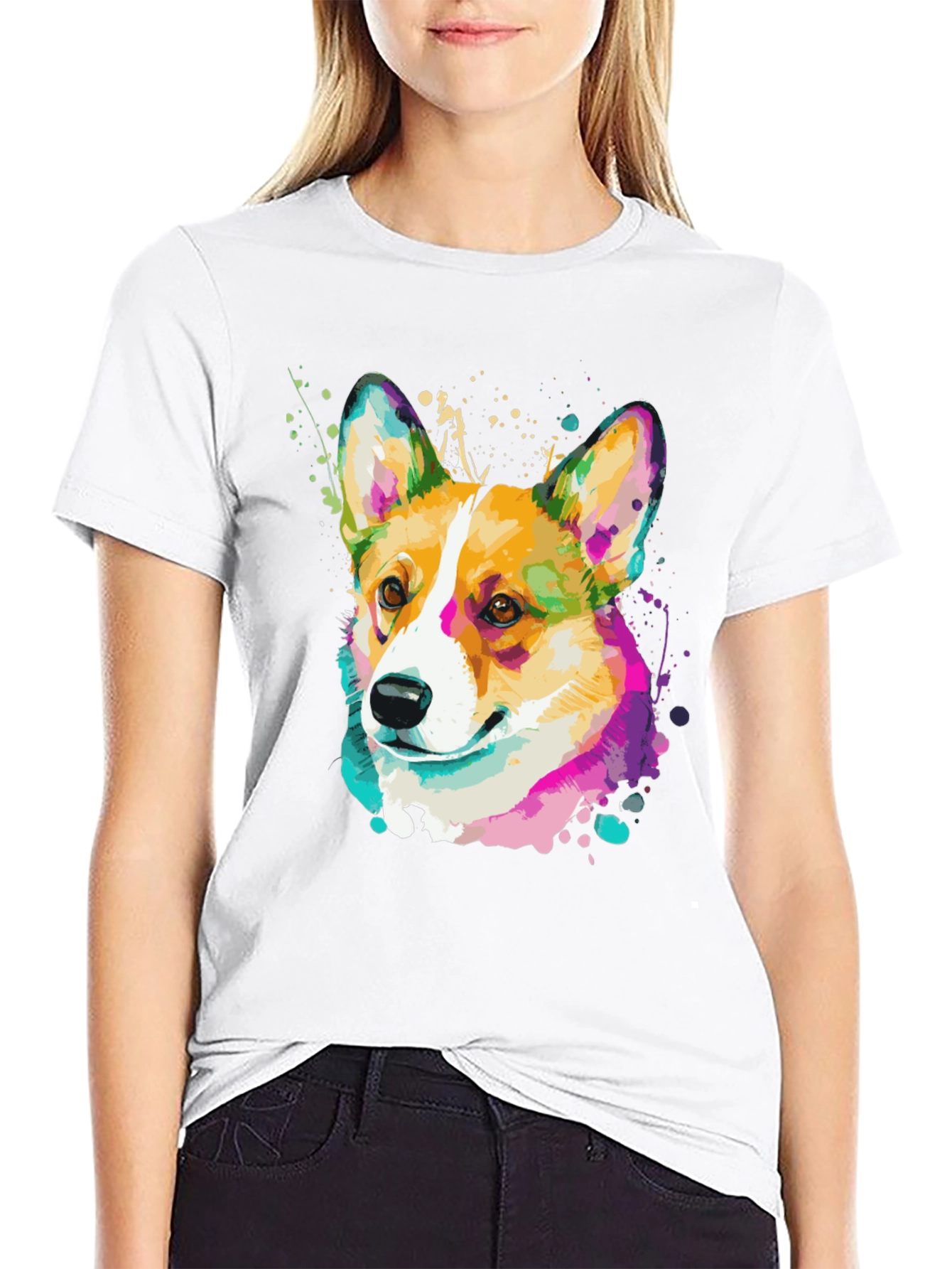 Corgi Splash Art Black T-Shirt