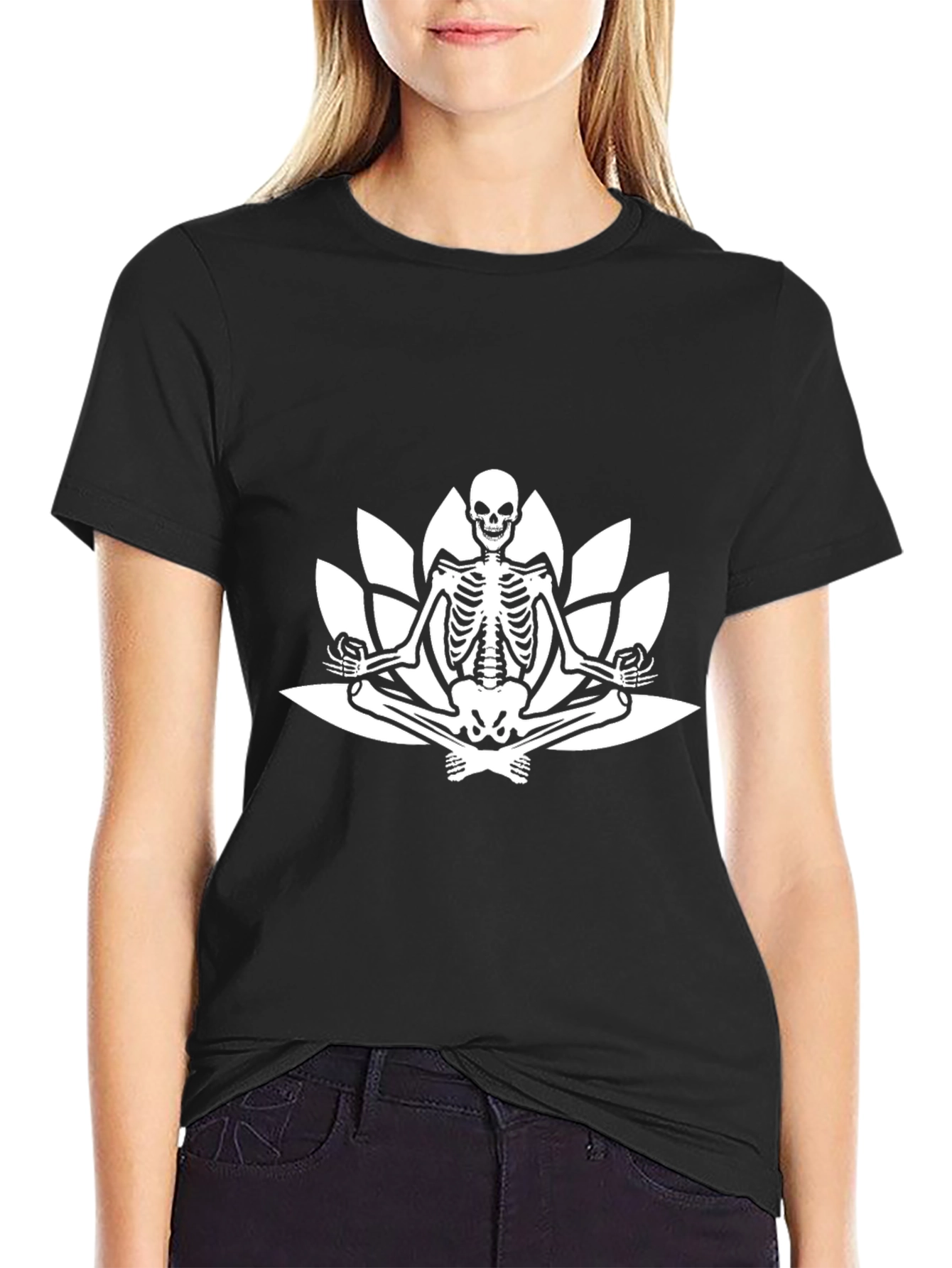 Meditating Skeleton Lotus Flower Black T-Shirt
