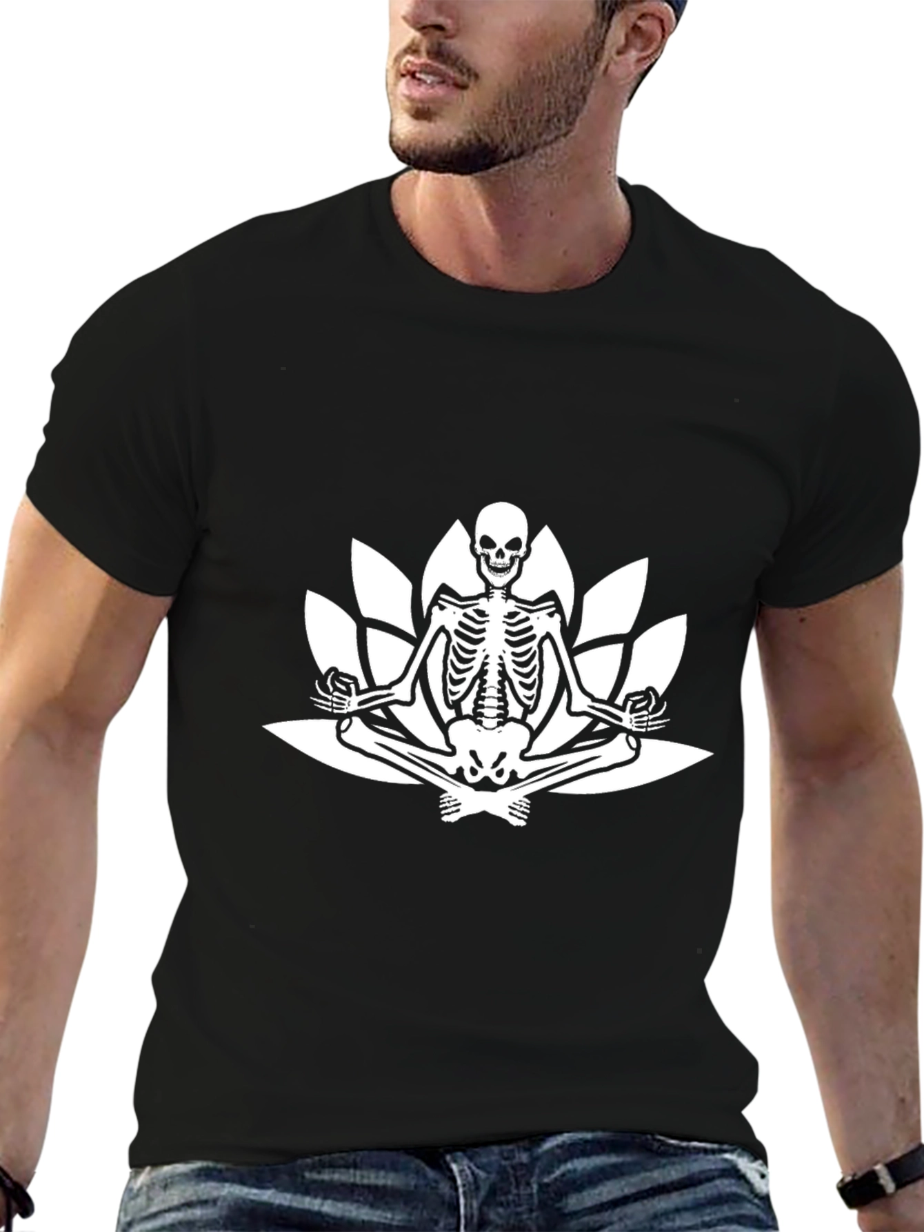 Meditating Skeleton Lotus Flower Black T-Shirt