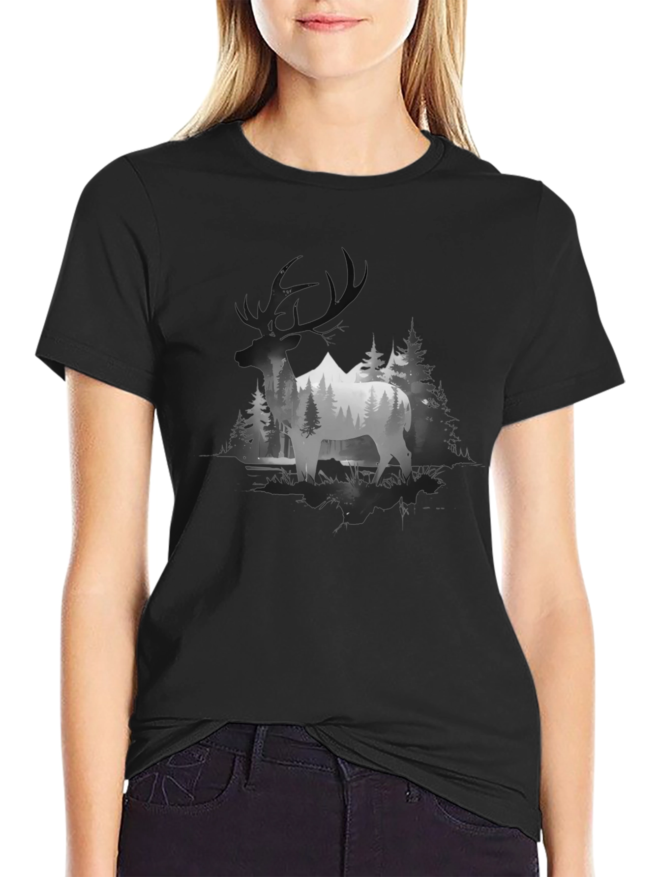 Elk Mountain Scene Graphic T-Shirt - Black