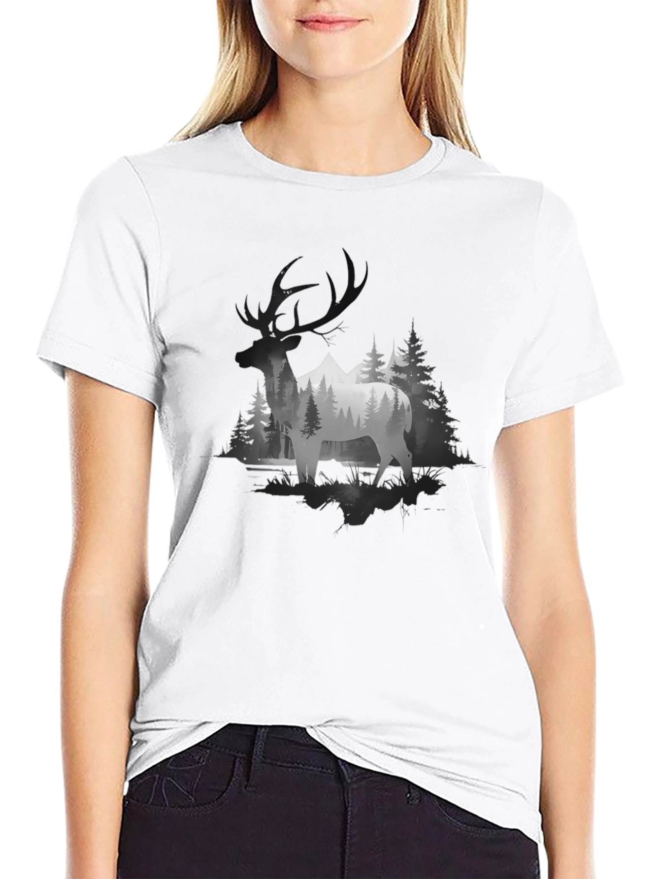 Elk Mountain Scene Graphic T-Shirt - Black