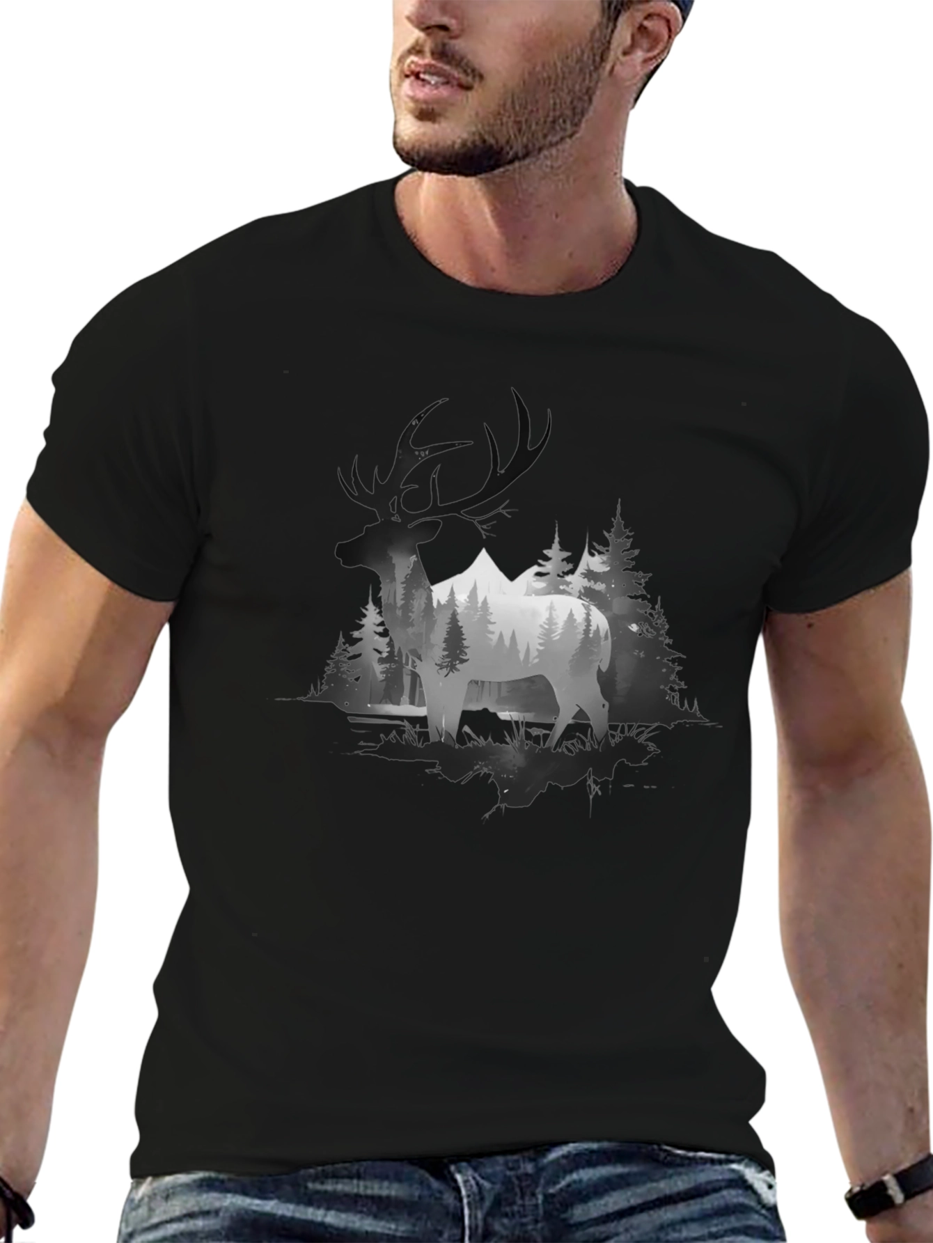 Elk Mountain Scene Graphic T-Shirt - Black