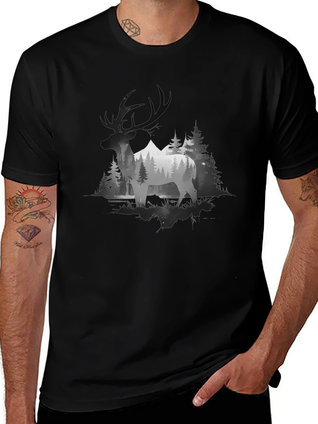 Elk Mountain Scene Graphic T-Shirt - Black