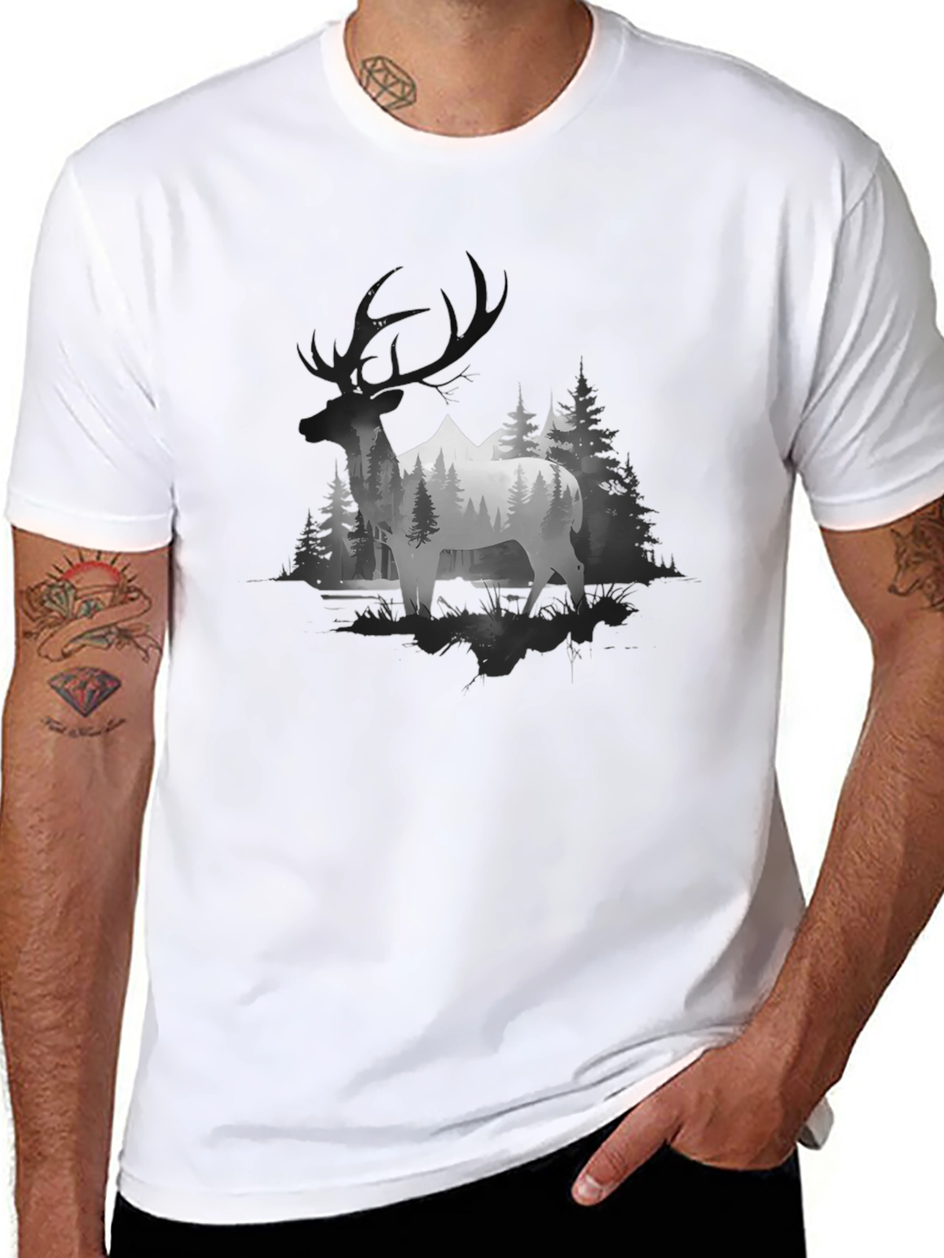 Elk Mountain Scene Graphic T-Shirt - Black