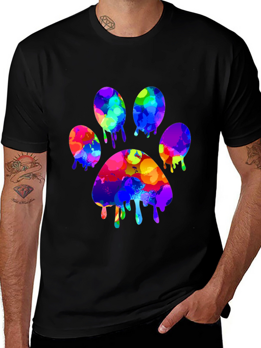 Colorful Paw Print Mens Black T-Shirt