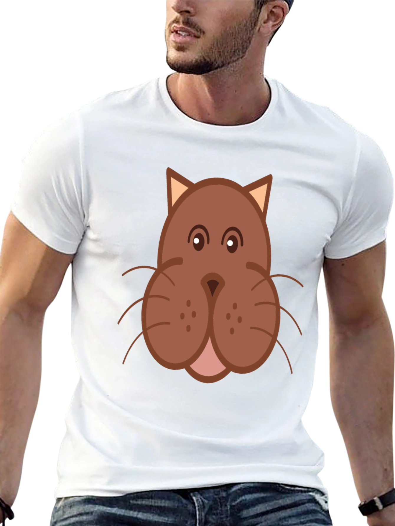 Cartoon Cat Face Graphic Print Black T-Shirt