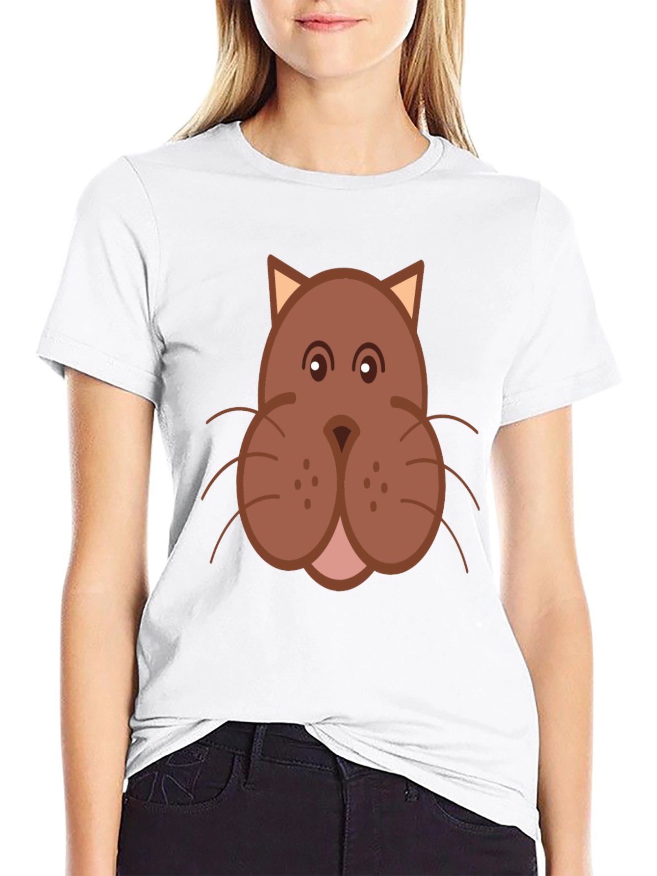 Cartoon Cat Face Graphic Print Black T-Shirt