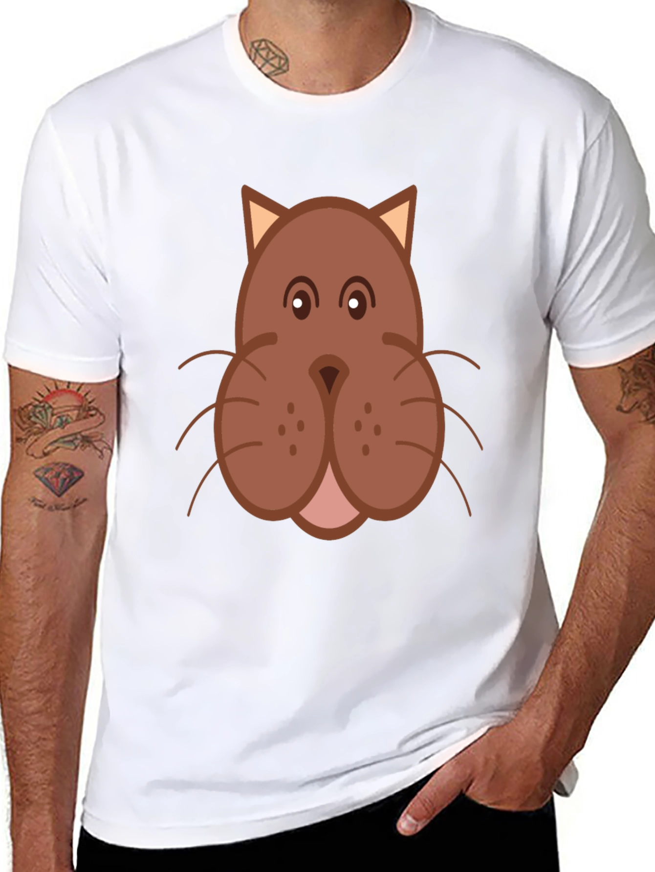 Cartoon Cat Face Graphic Print Black T-Shirt