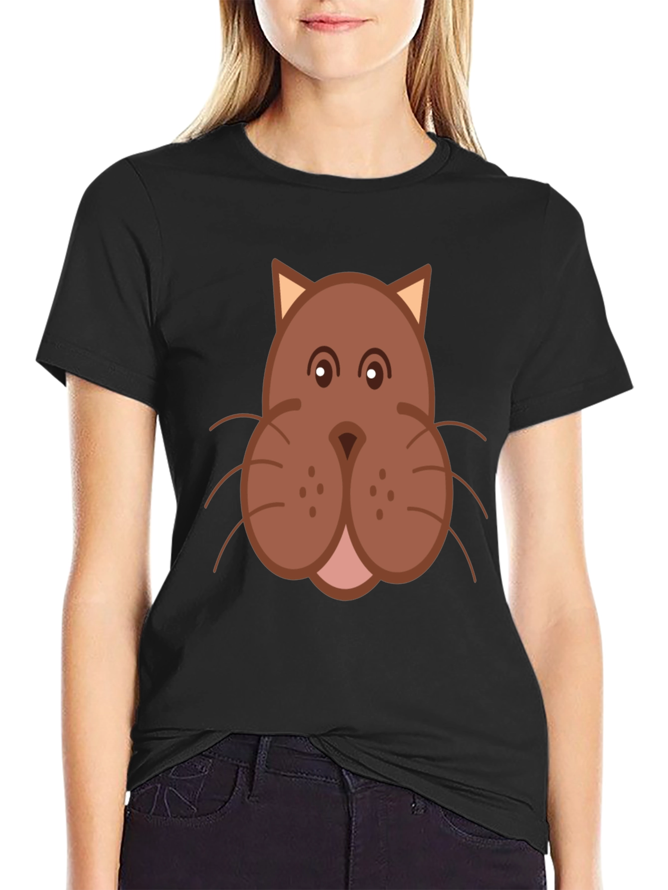 Cartoon Cat Face Graphic Print Black T-Shirt