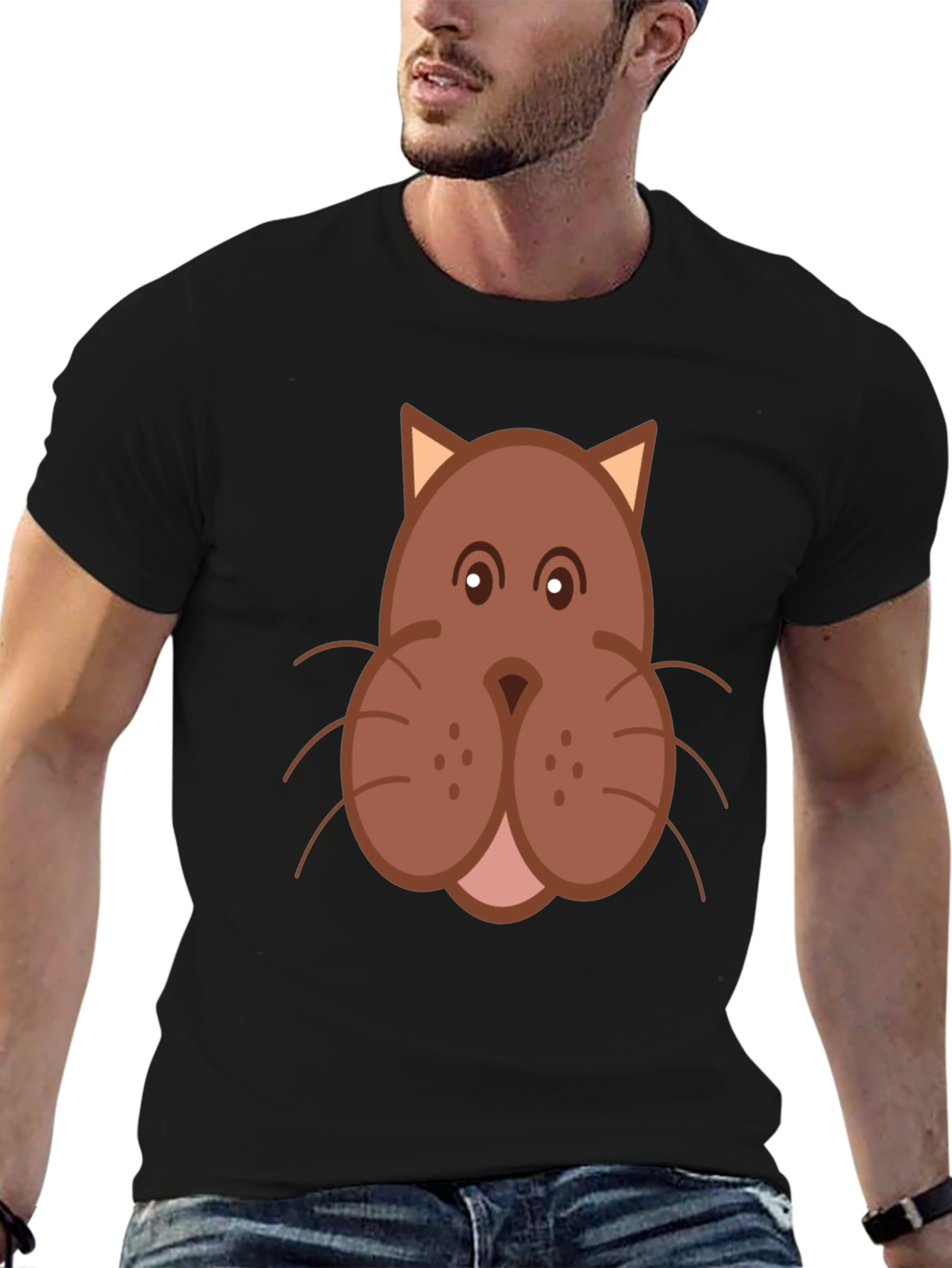Cartoon Cat Face Graphic Print Black T-Shirt