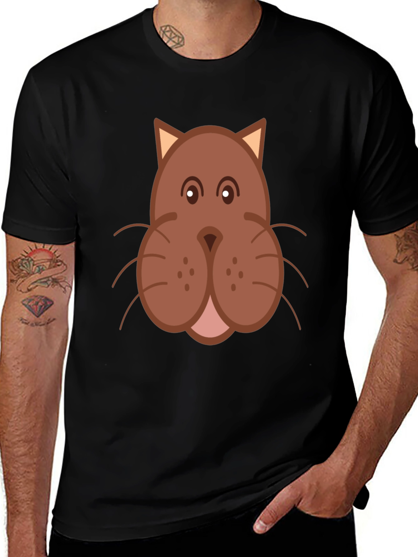Cartoon Cat Face Graphic Print Black T-Shirt
