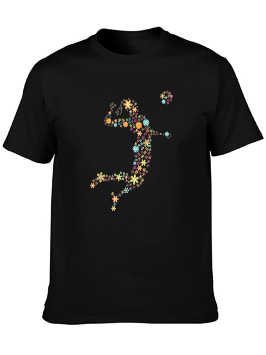 Floral Volleyball Player Graphic Tee - Black Cotton Shirt