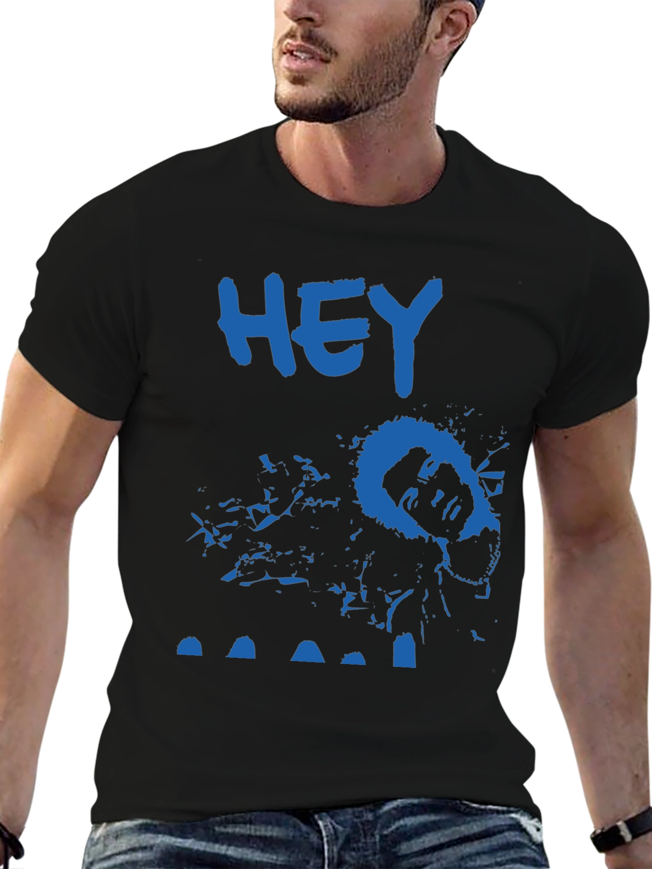 Blue HEY Tee: Unique Graphic Print