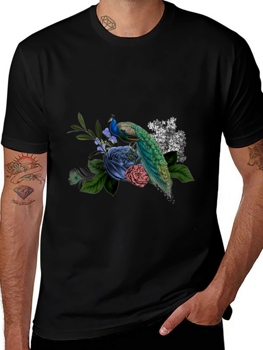 Peacock Floral Graphic Tee - Mens Black T-Shirt