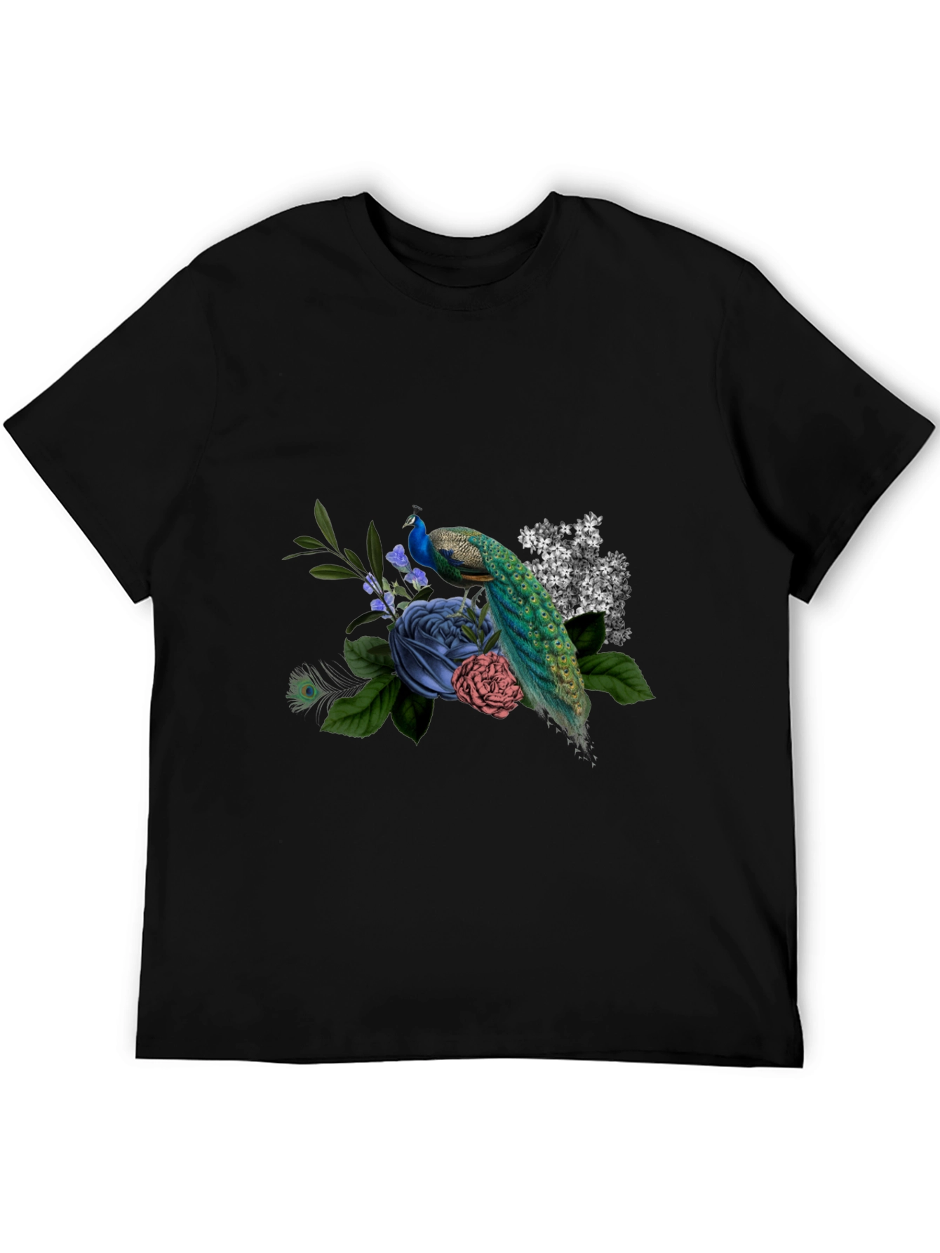 Peacock Floral Graphic Tee - Mens Black T-Shirt