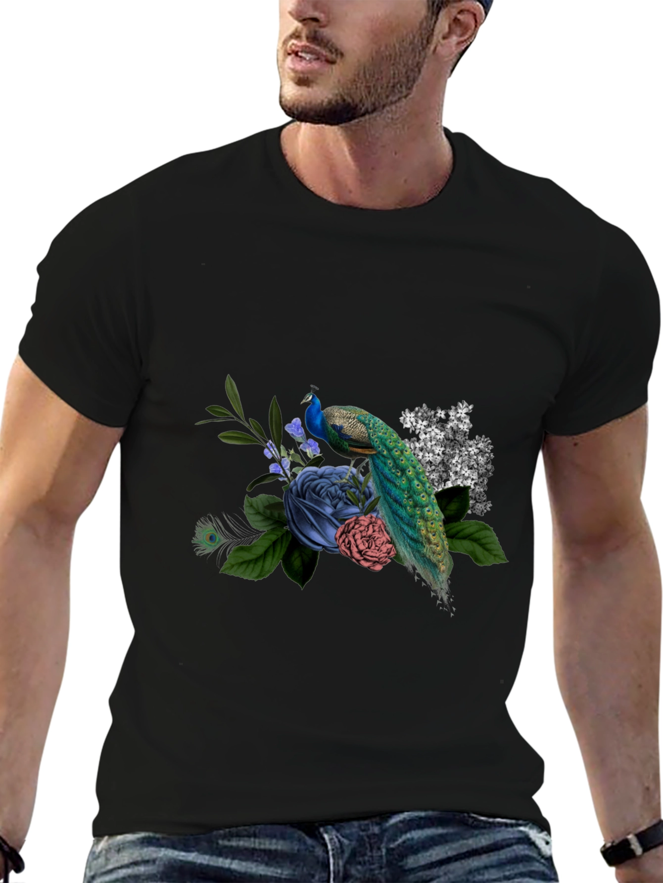 Peacock Floral Graphic Tee - Mens Black T-Shirt