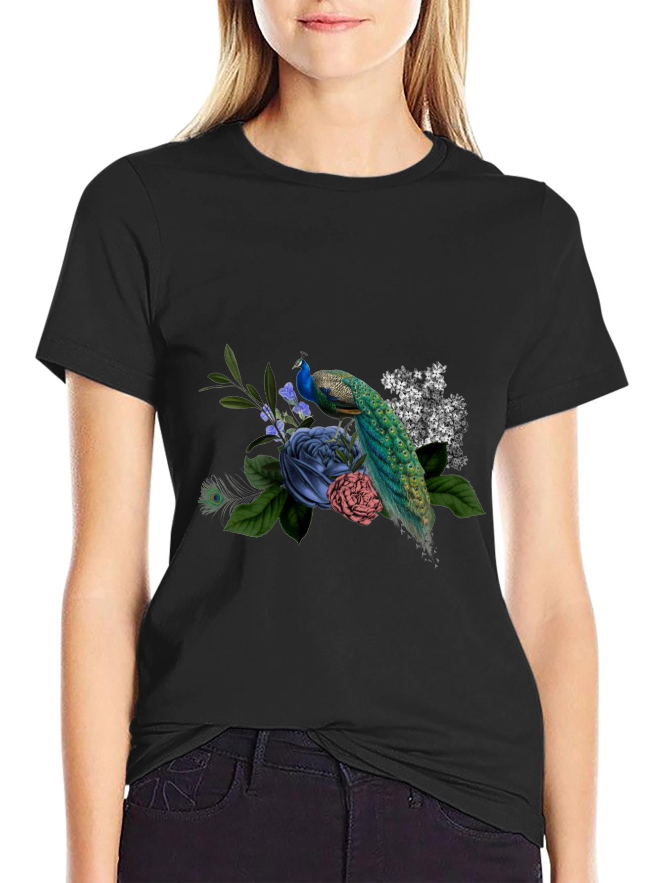 Peacock Floral Graphic Tee - Mens Black T-Shirt