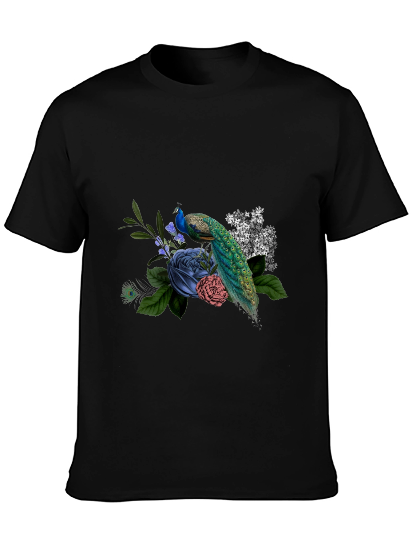 Peacock Floral Graphic Tee - Mens Black T-Shirt