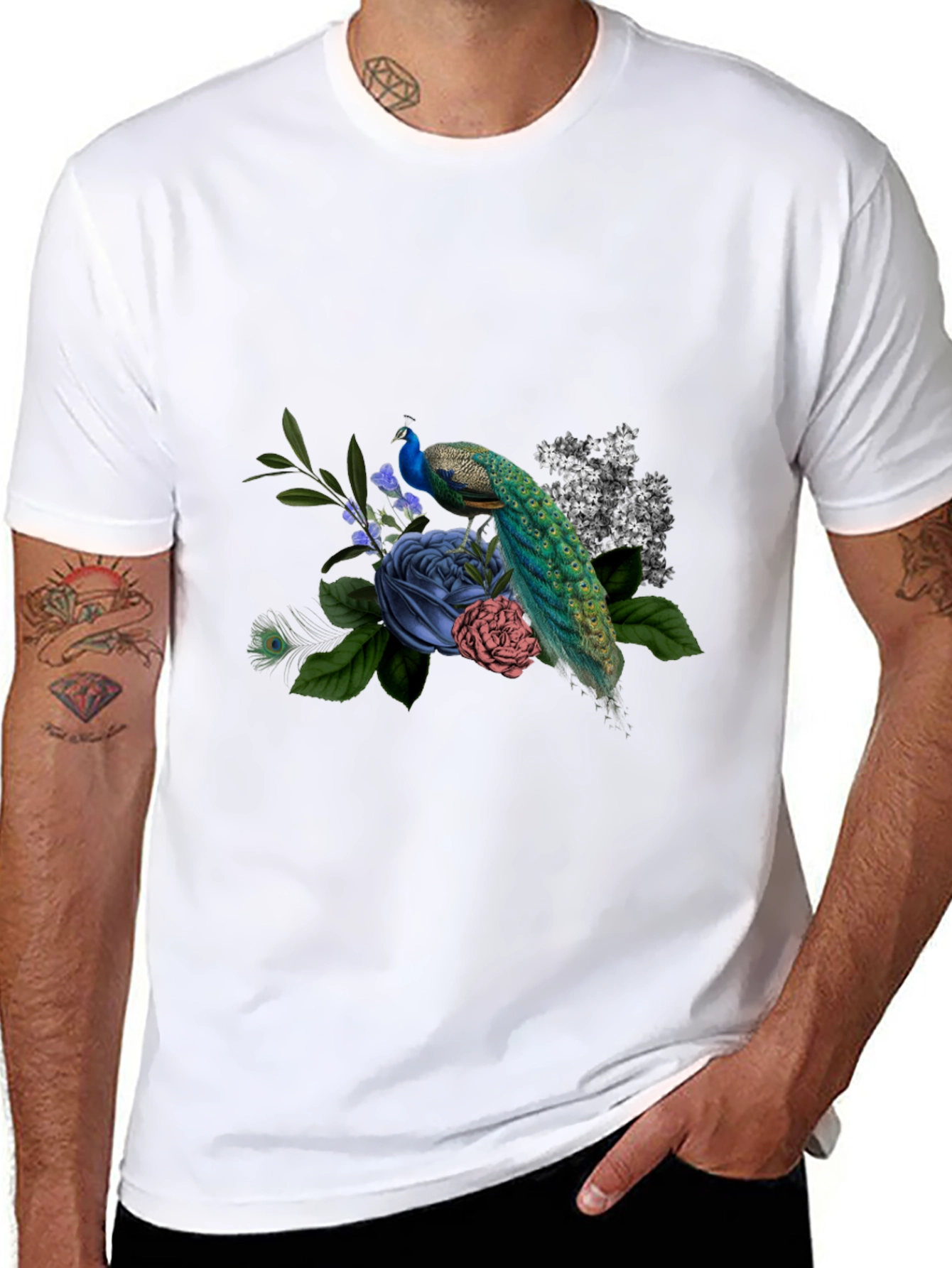 Peacock Floral Graphic Tee - Mens Black T-Shirt