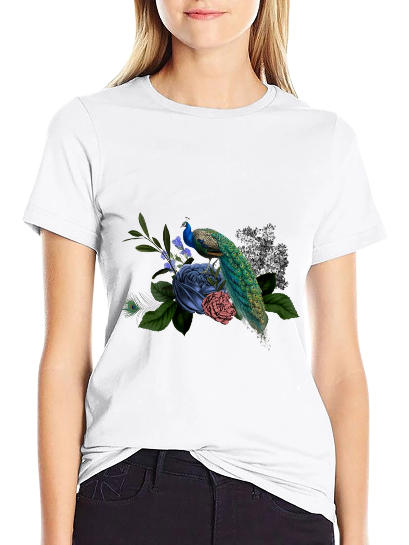 Peacock Floral Graphic Tee - Mens Black T-Shirt