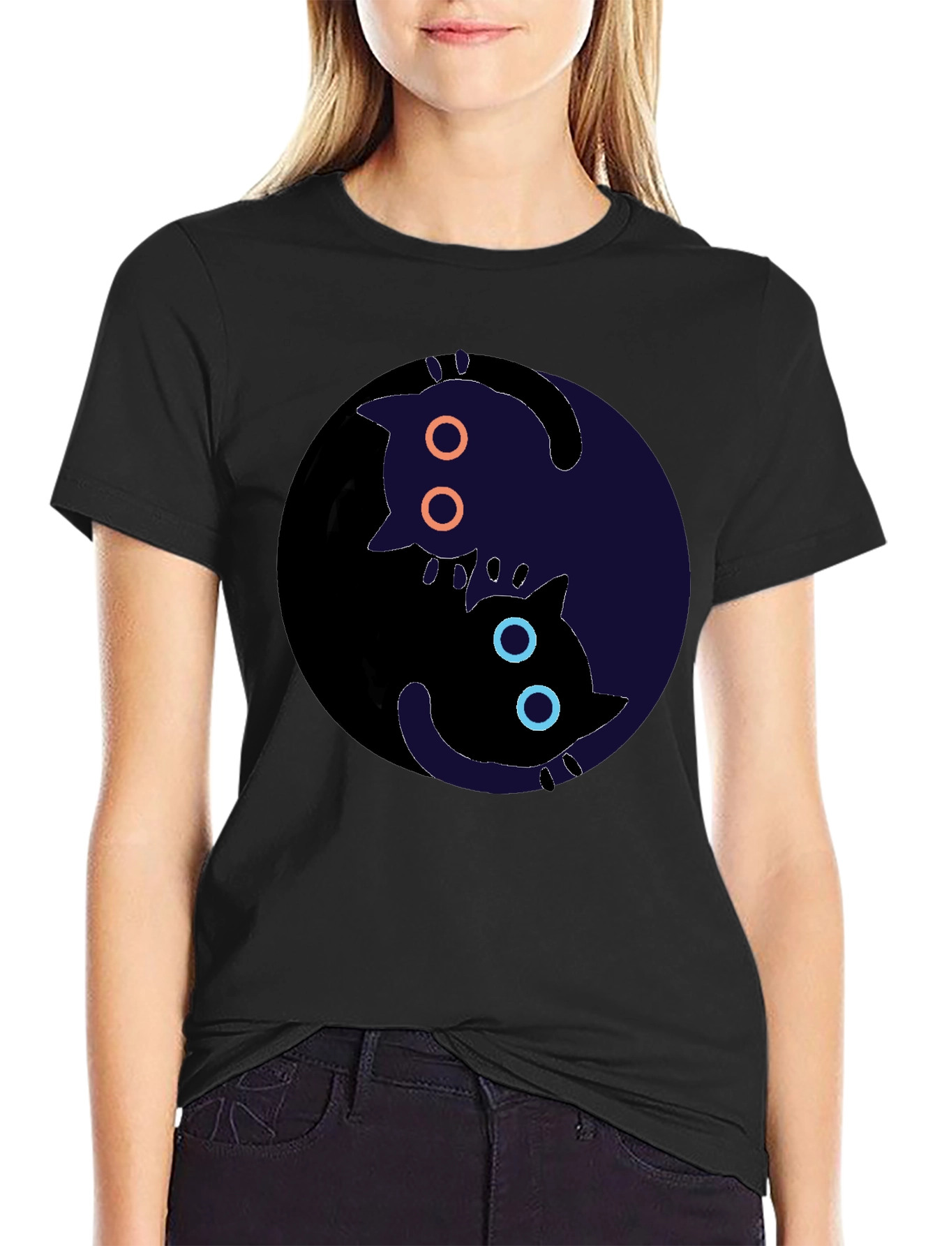 Yin Yang Cats Graphic T-Shirt - Black