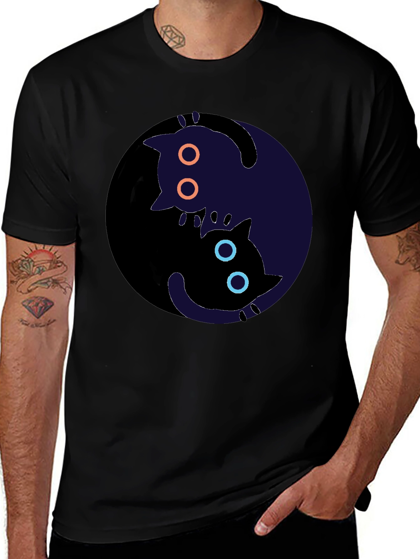 Yin Yang Cats Graphic T-Shirt - Black