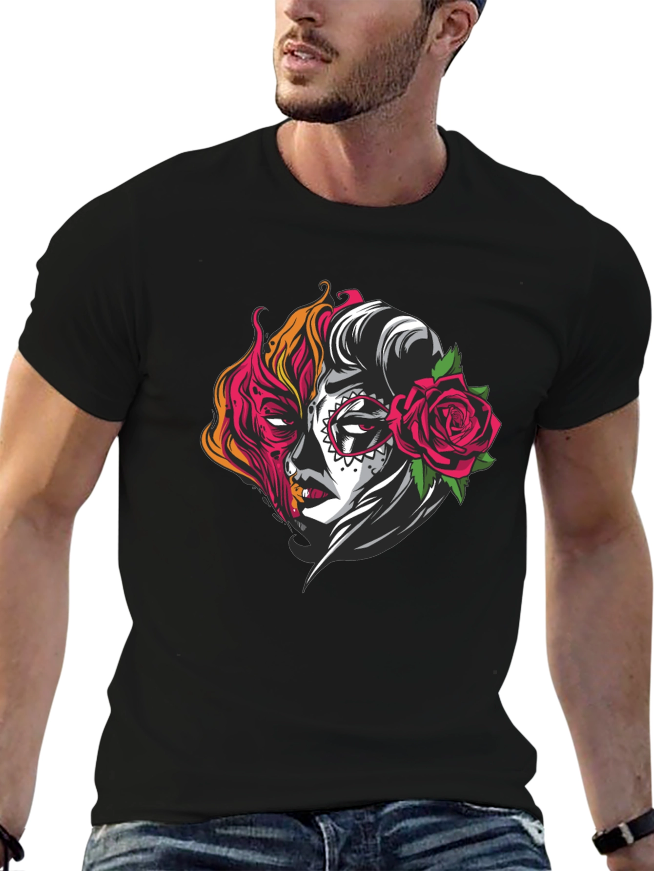 Sugar Skull Half Face Graphic T-Shirt