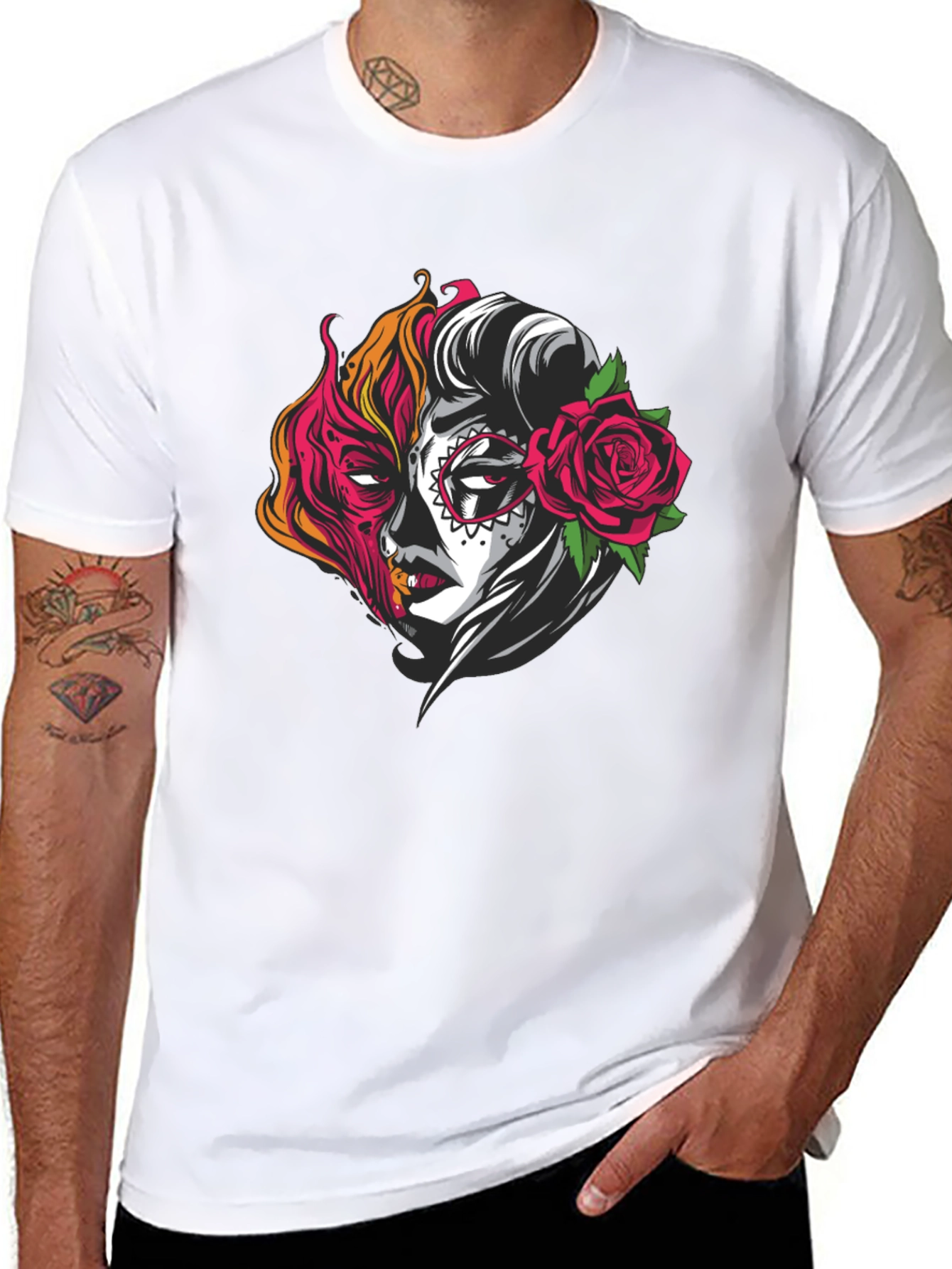 Sugar Skull Half Face Graphic T-Shirt