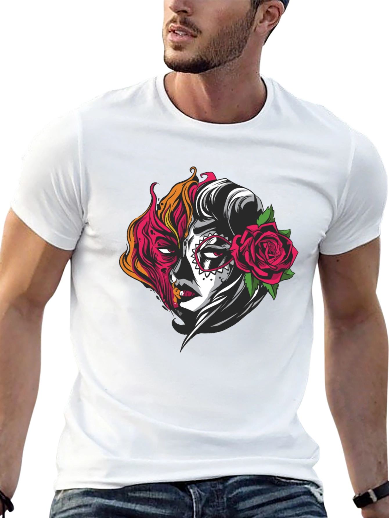 Sugar Skull Half Face Graphic T-Shirt