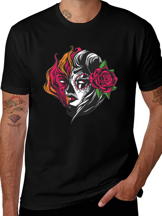 Sugar Skull Half Face Graphic T-Shirt