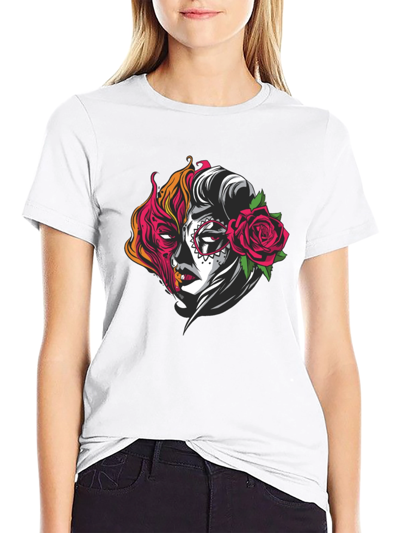Sugar Skull Half Face Graphic T-Shirt