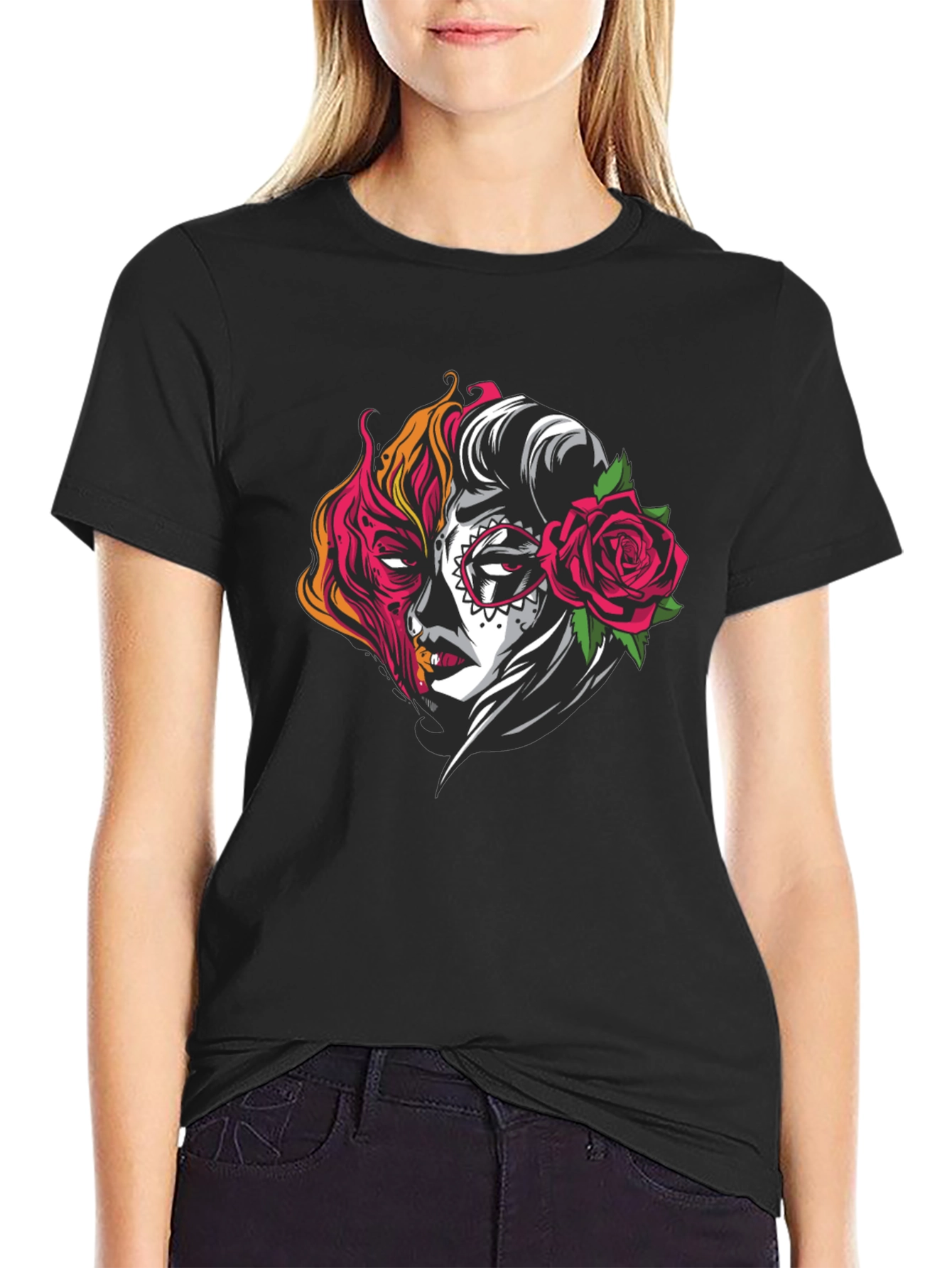 Sugar Skull Half Face Graphic T-Shirt
