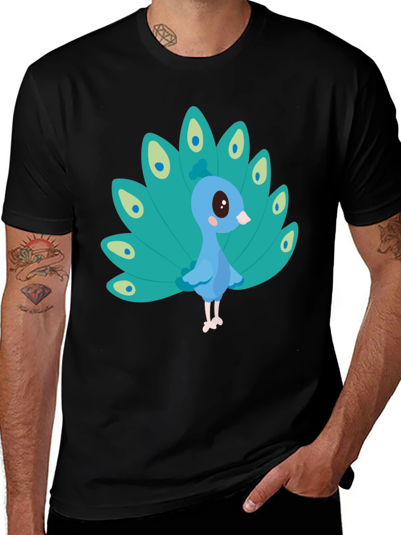 Cute Peacock Graphic Tee - Black Cotton Blend
