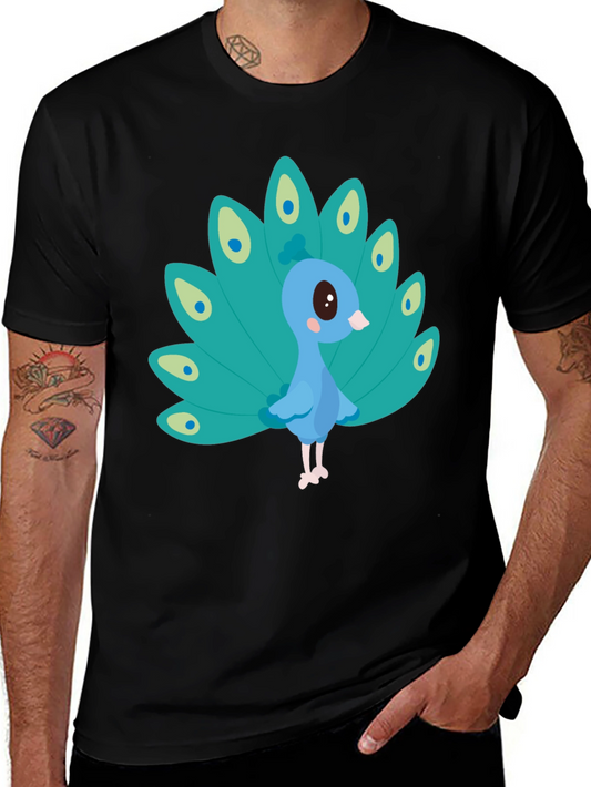 Cute Peacock Graphic Tee - Black Cotton Blend