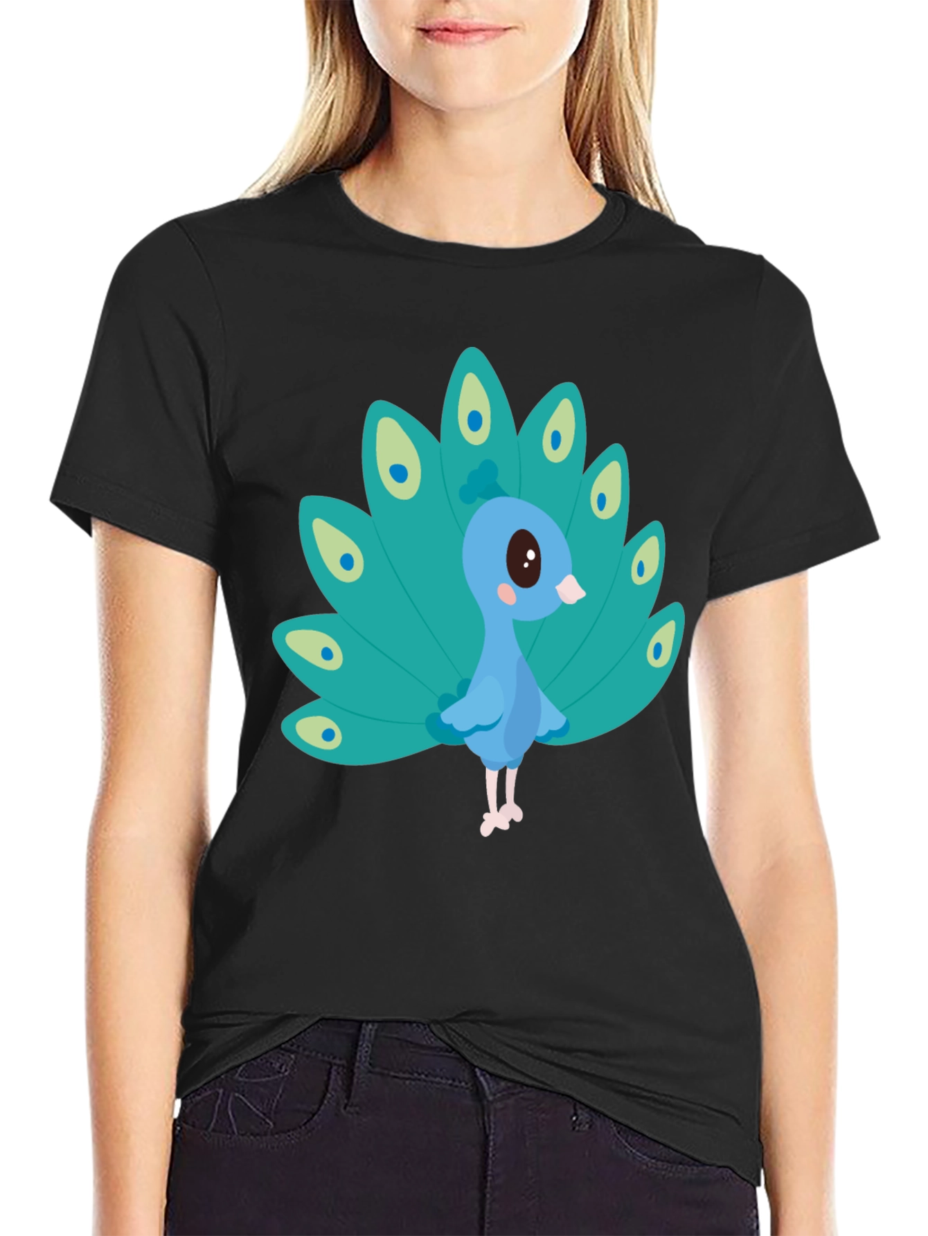 Cute Peacock Graphic Tee - Black Cotton Blend