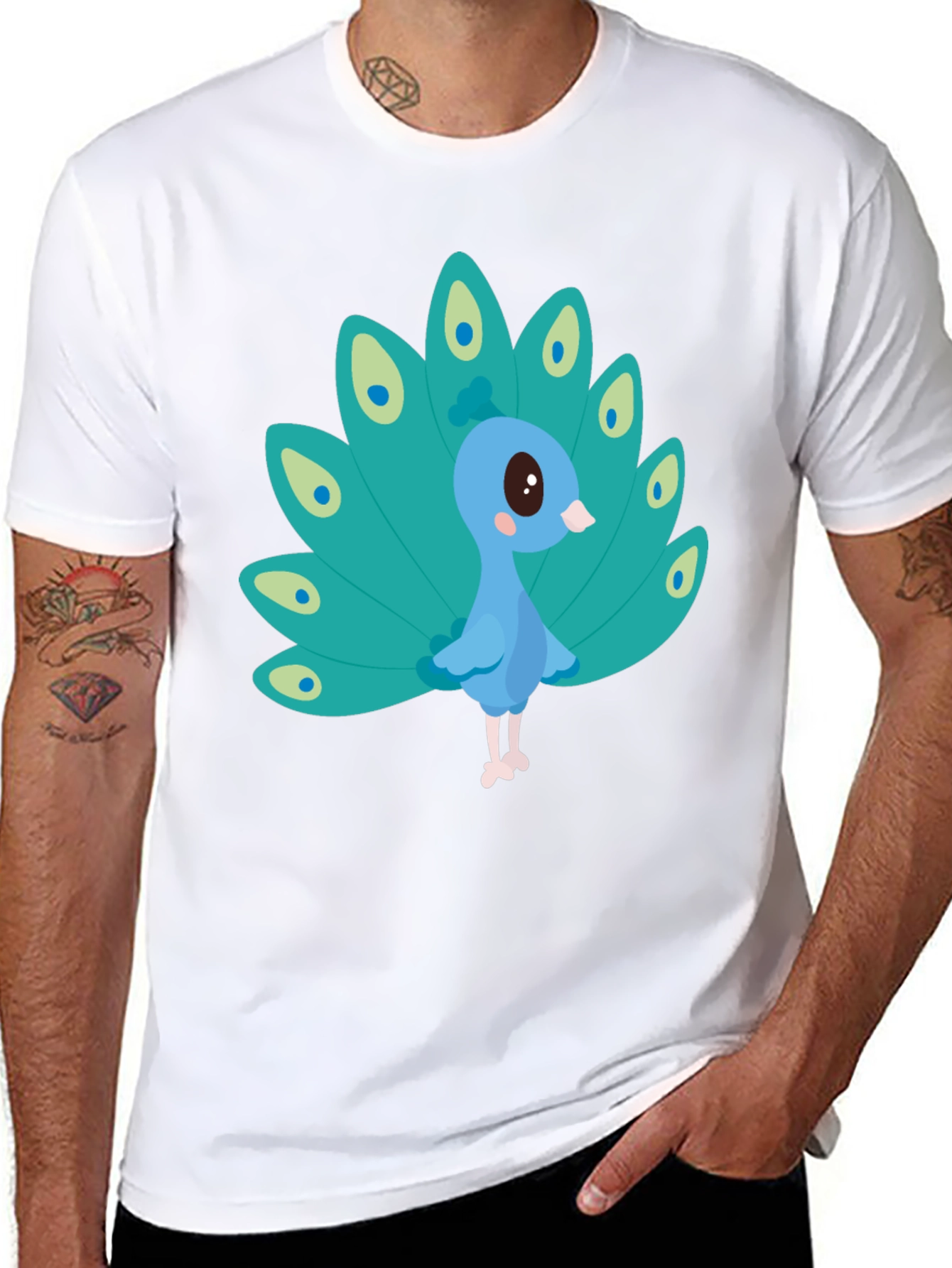 Cute Peacock Graphic Tee - Black Cotton Blend