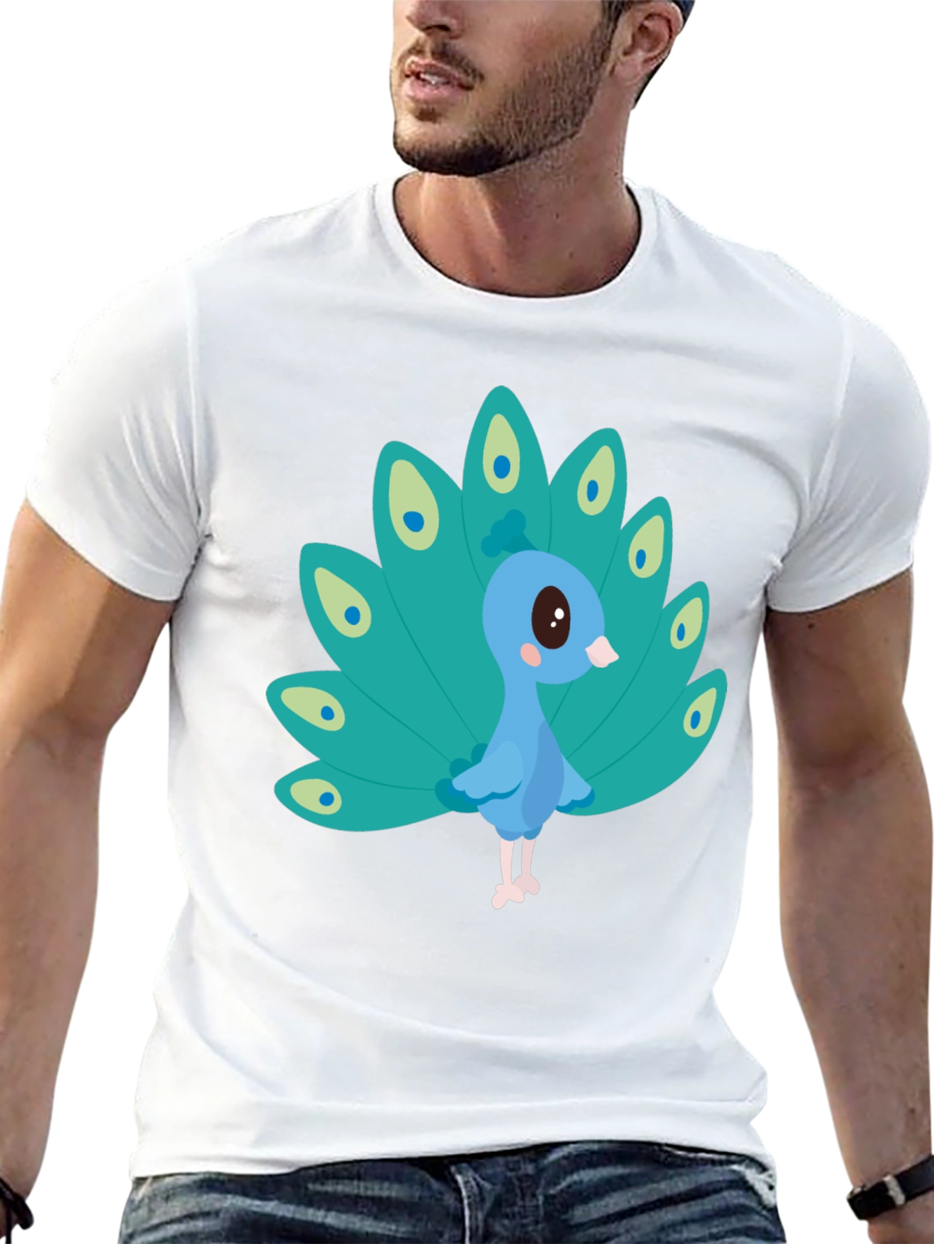 Cute Peacock Graphic Tee - Black Cotton Blend
