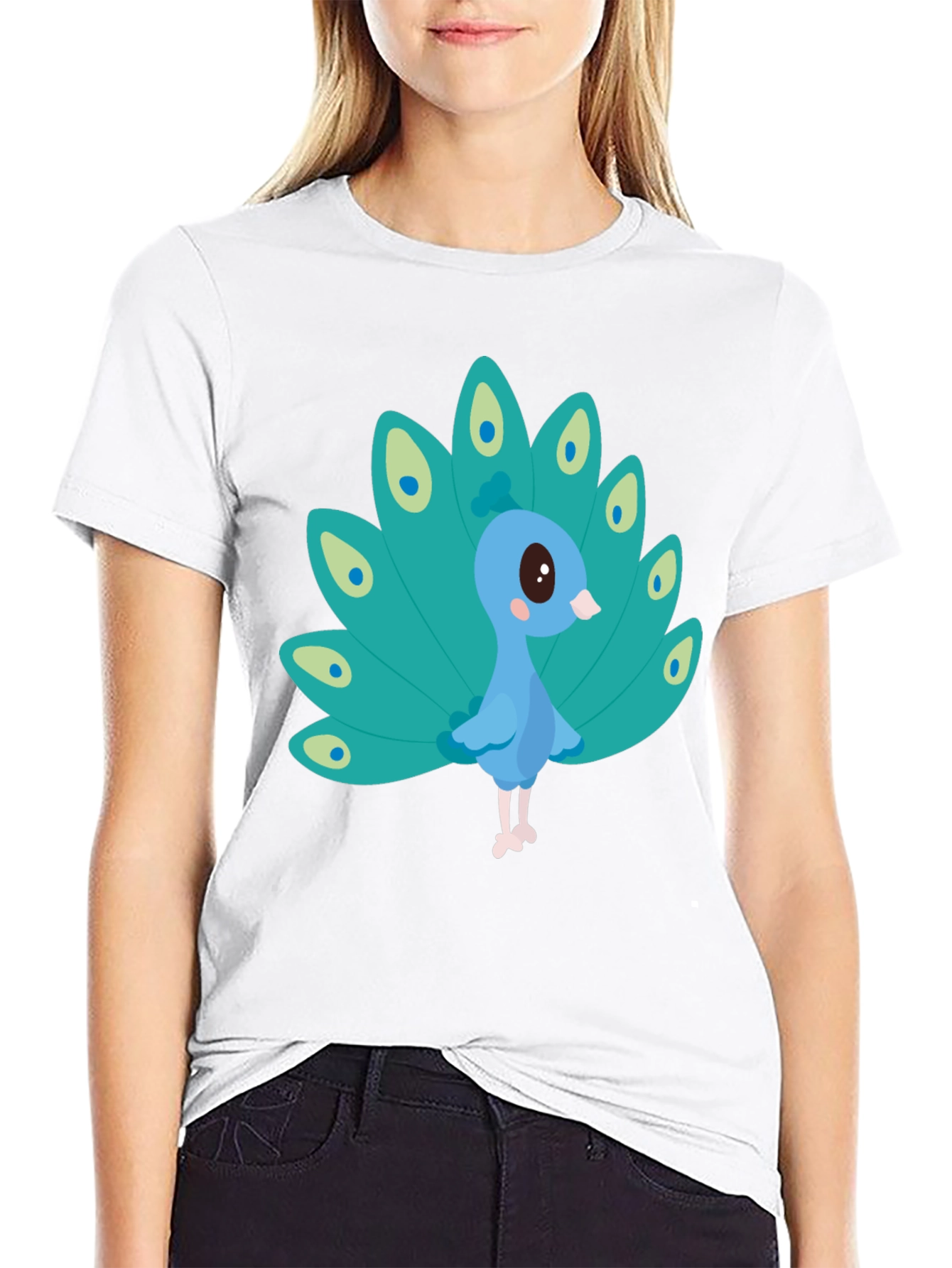 Cute Peacock Graphic Tee - Black Cotton Blend