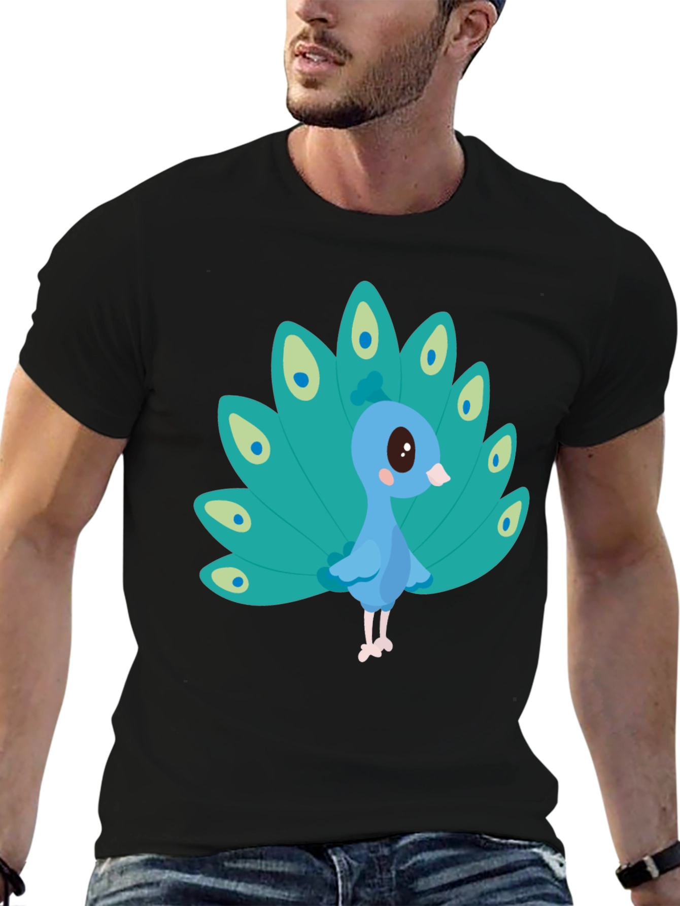 Cute Peacock Graphic Tee - Black Cotton Blend