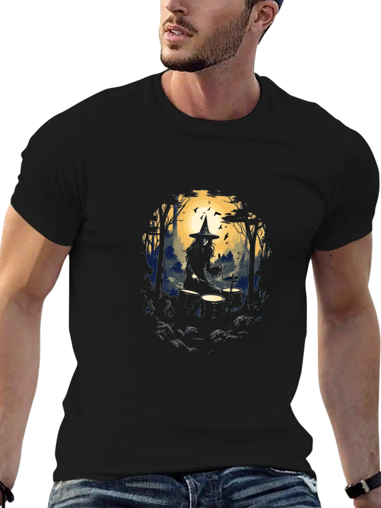Witch Drummer Graphic Tee - Black Cotton T-Shirt