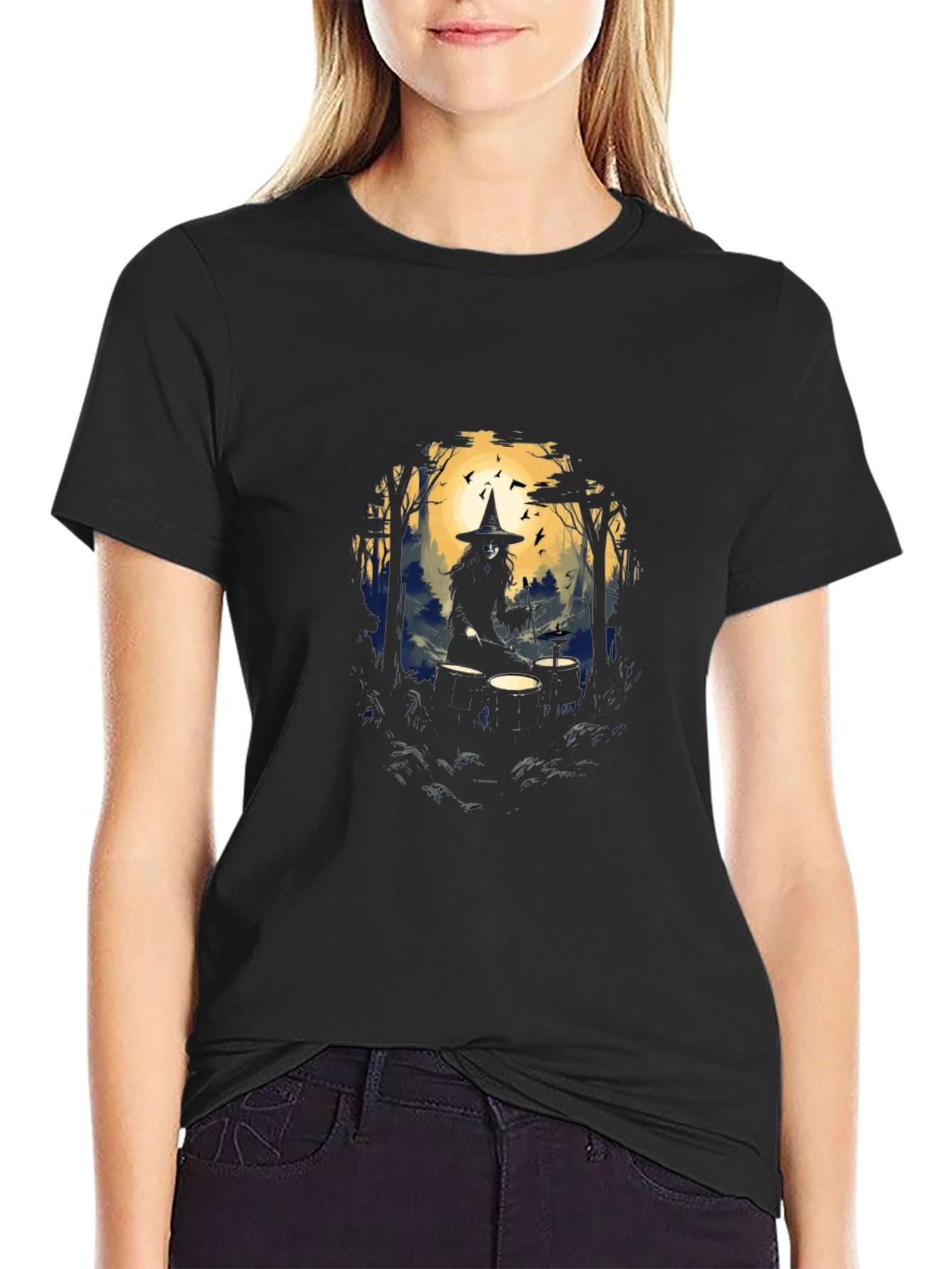 Witch Drummer Graphic Tee - Black Cotton T-Shirt