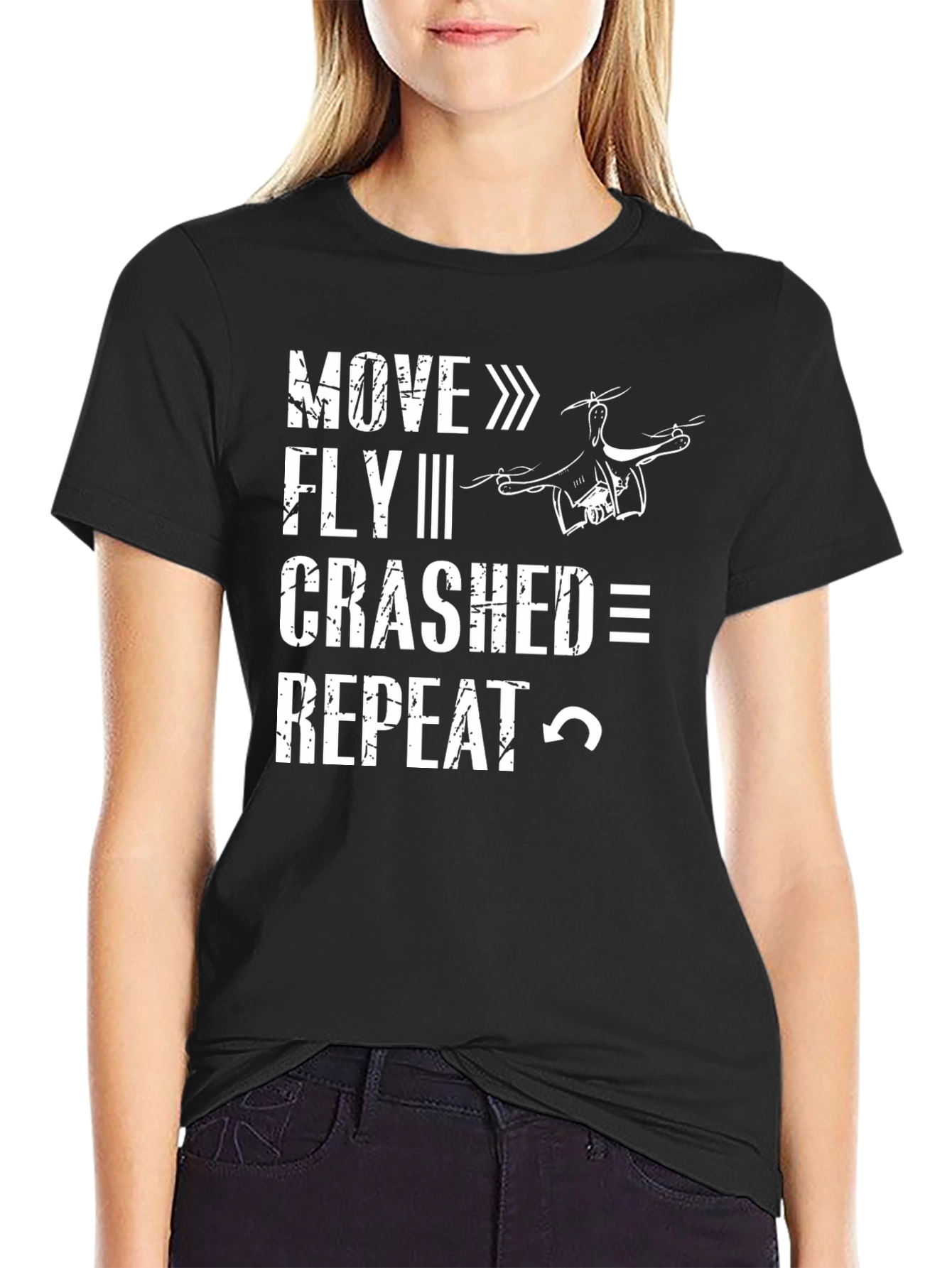 Drone Enthusiast Black T-Shirt: Move Fly Crash Repeat