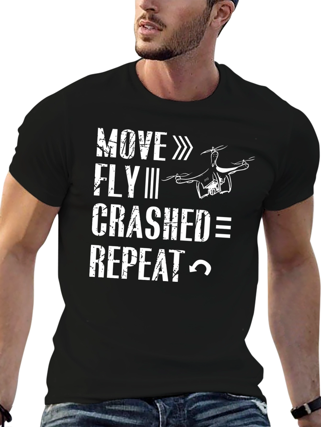 Drone Enthusiast Black T-Shirt: Move Fly Crash Repeat