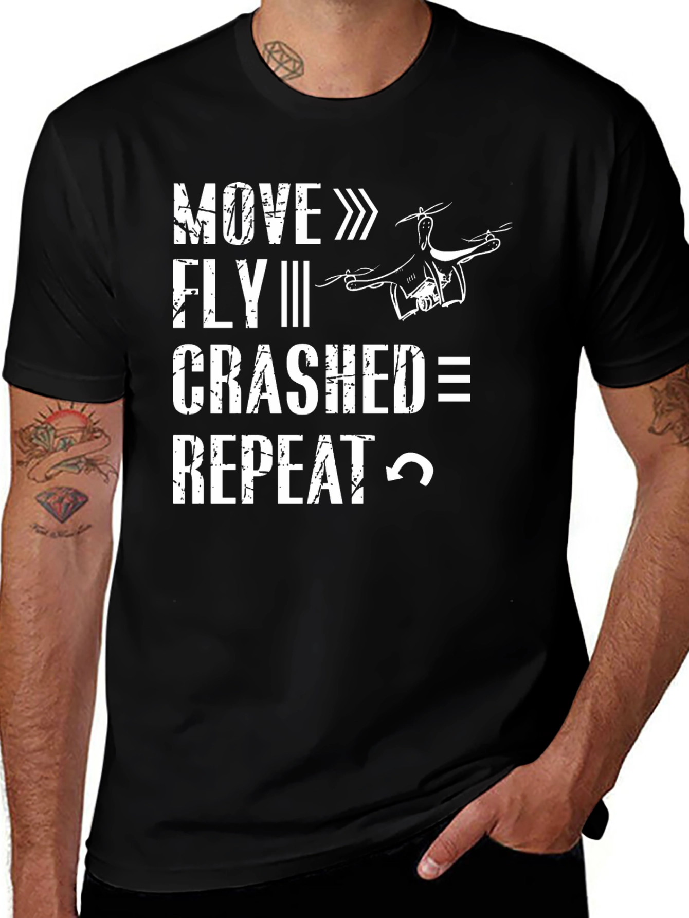 Drone Enthusiast Black T-Shirt: Move Fly Crash Repeat