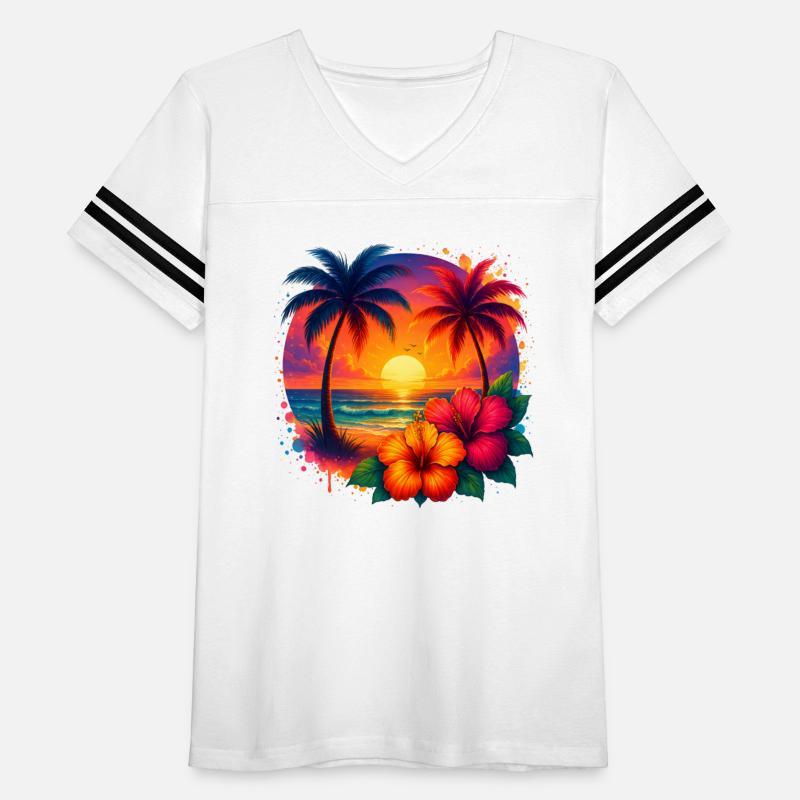 Tropical Sunset Palm Trees and Hibiscus