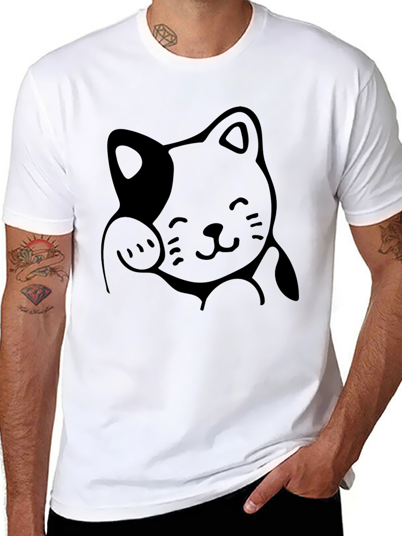 Cute Lucky Cat Graphic Tee - Black